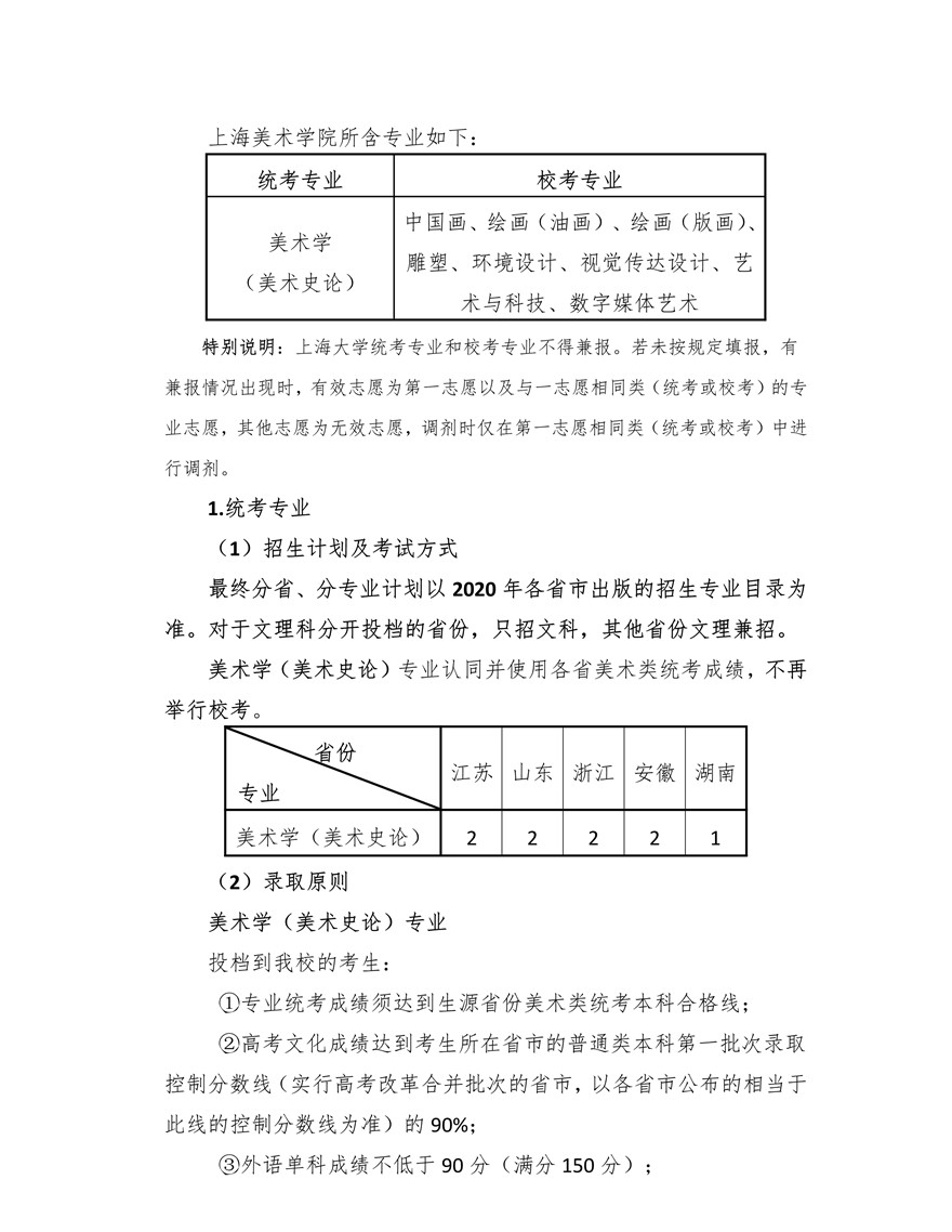 上海大学上海美术学院2020年艺术类专业校考招生简章调整版