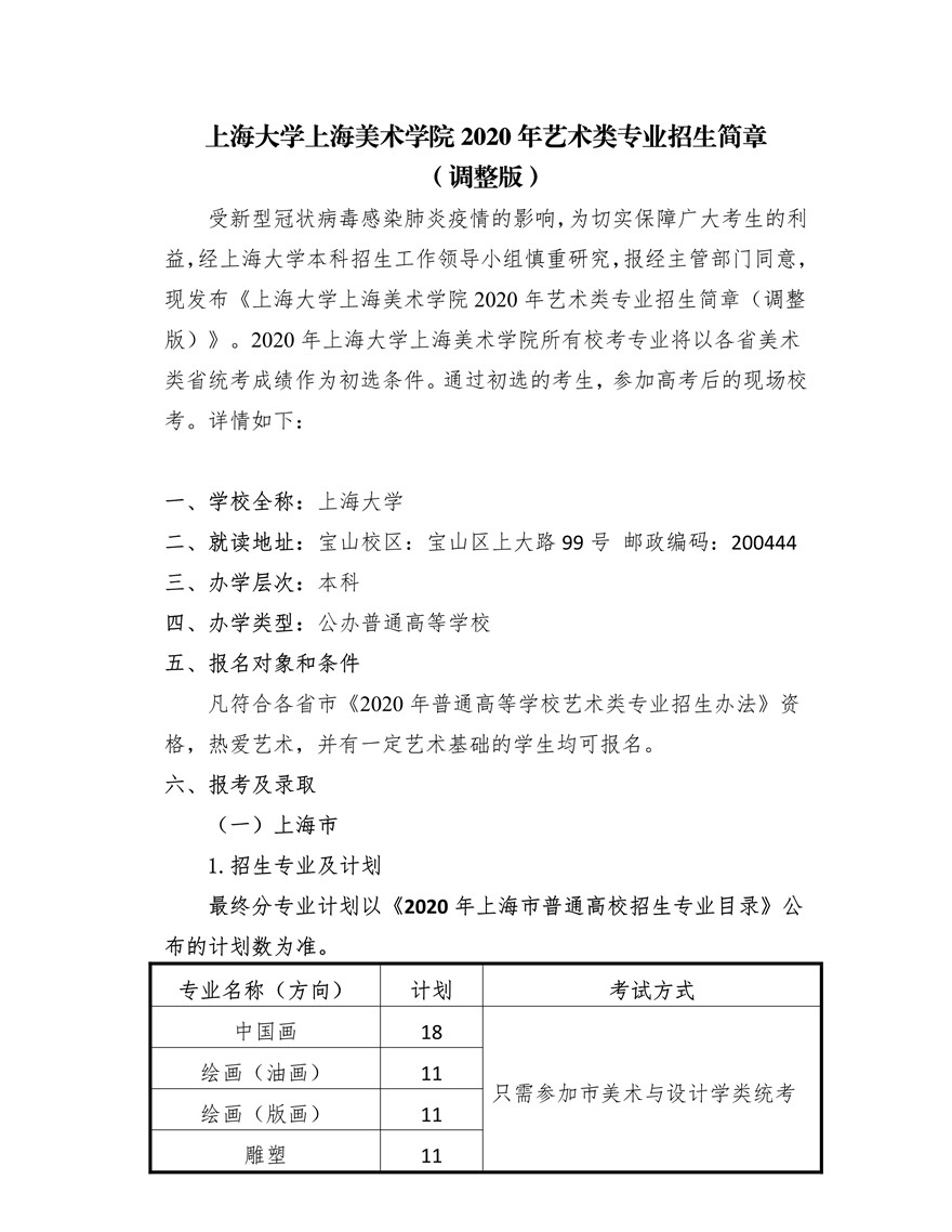 上海大学上海美术学院2020年艺术类专业校考招生简章调整版